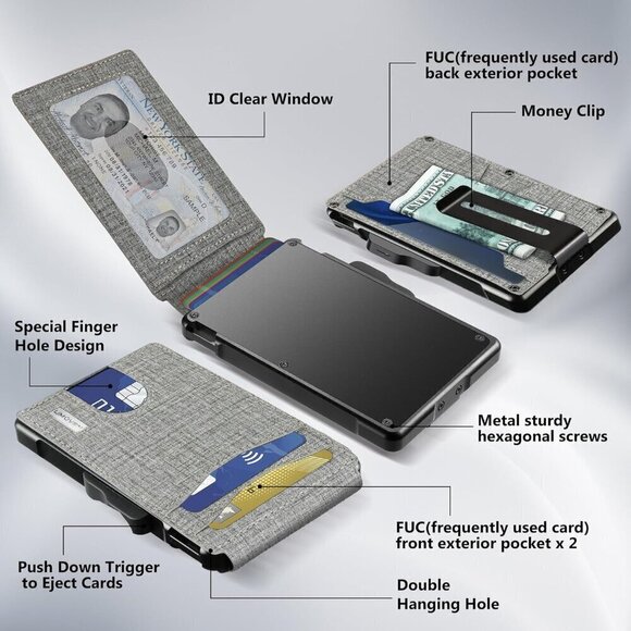 Men Grey Money Clip Slim Leather Slots Credit Card Holder RFID Bifold Wallet - Picture 2 of 6